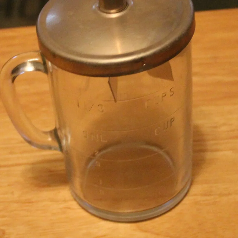 Vintage Glass Nut Food Chopper with Red Handle and Measuring Cup